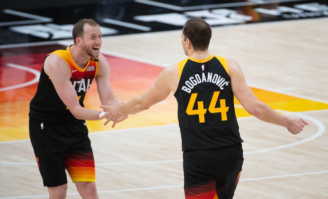 (Francisco Kjolseth  | The Salt Lake Tribune) Utah Jazz forward Joe Ingles (2) cheers on Utah Jazz forward Bojan Bogdanovic (44) following his three pointer as the Utah Jazz take on the Miami Heat at Vivint Smart Home Arena in Salt Lake City, on Saturday, Feb. 13, 2021.