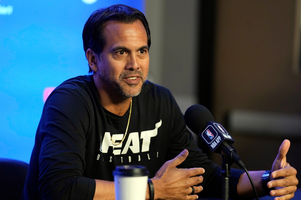 Miami Heat head coach Erik Spoelstra responds to a question during a news conference before as Game 1 of the NBA basketball finals against the Denver Nuggets Wednesday, May 31, 2023, in Denver. The Heat face the Denver Nuggets in Game 1 of the NBA Finals Thursday. (AP Photo/David Zalubowski)