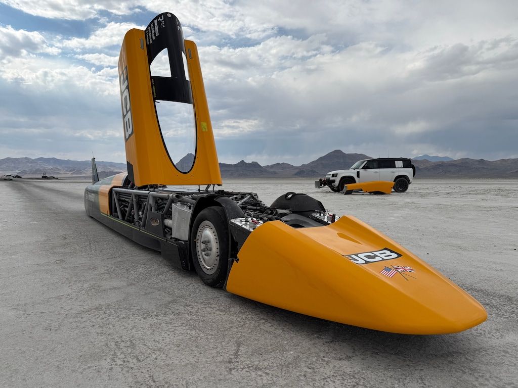 (Hannah Schoenbaum | AP) The JCB Hydromax sits on the Bonneville Salt Flats in Wendover, where Andy Green aims to drive it to a land speed record for cars powered by hydrogen internal combustion engines, Monday, Aug. 10, 2026.