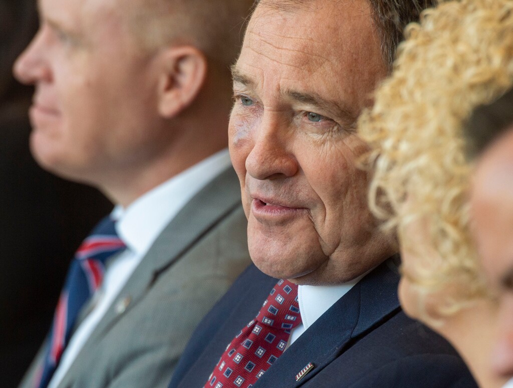 (Rick Egan  |  Tribune file photo) Gov. Gary Herbert joins dignitaries for a news conference on the upcoming closure and renovation of the Salt Lake Temple, Temple Square and the adjoining plaza near the Church Office Building. 
Friday, April 19, 2019.