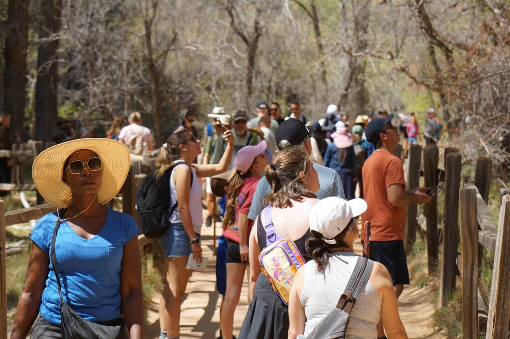 (David Condos | KUER) Hikers on Zion National Park’s Riverside Trail, which leads to The Narrows, Apr. 10, 2025.
