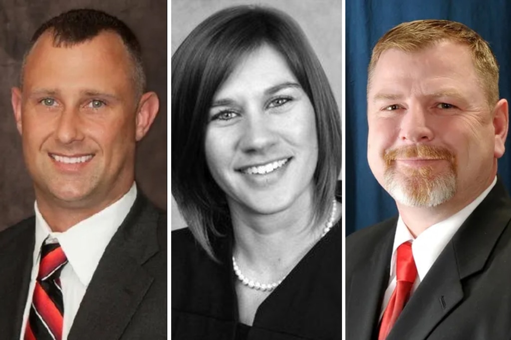(Indiana Supreme Court via The New York Times) A photo combo provided by the Indiana Supreme Court of, from left: Bradley Jacobs, Sabrina Bell and Andrew Adams, who are all circuit court judges in the state. Adams was sentenced to jail time, and all three judges received suspensions without pay over their involvement in a drunken brawl with two other men outside a White Castle in Indianapolis that ended with both Jacobs and Adams shot and hospitalized.