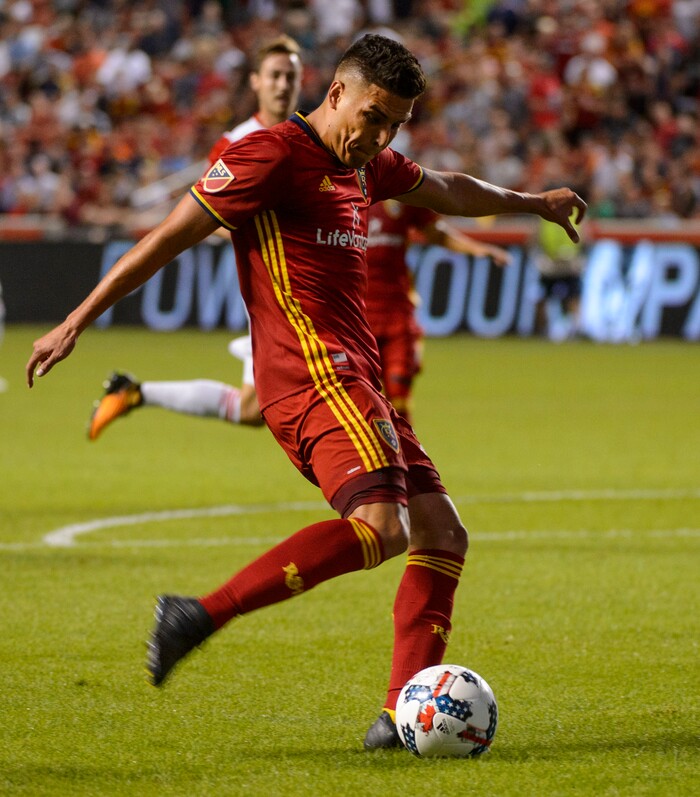 (Steve Griffin | The Salt Lake Tribune) Real Salt Lake midfielder Luis Silva (20) fires a shot into the net for a goal during match against San Jose at Rio Tinto Stadium in Sandy Wednesday August 23, 2017.
