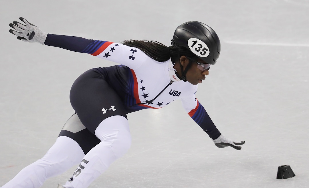 (Bernat Armangue  |  AP photo) Maame Biney of the United States in action during the ladies' 500 meters short-track speedskating in the Gangneung Ice Arena at the 2018 Winter Olympics in Gangneung, South Korea, Saturday, Feb. 10, 2018.
