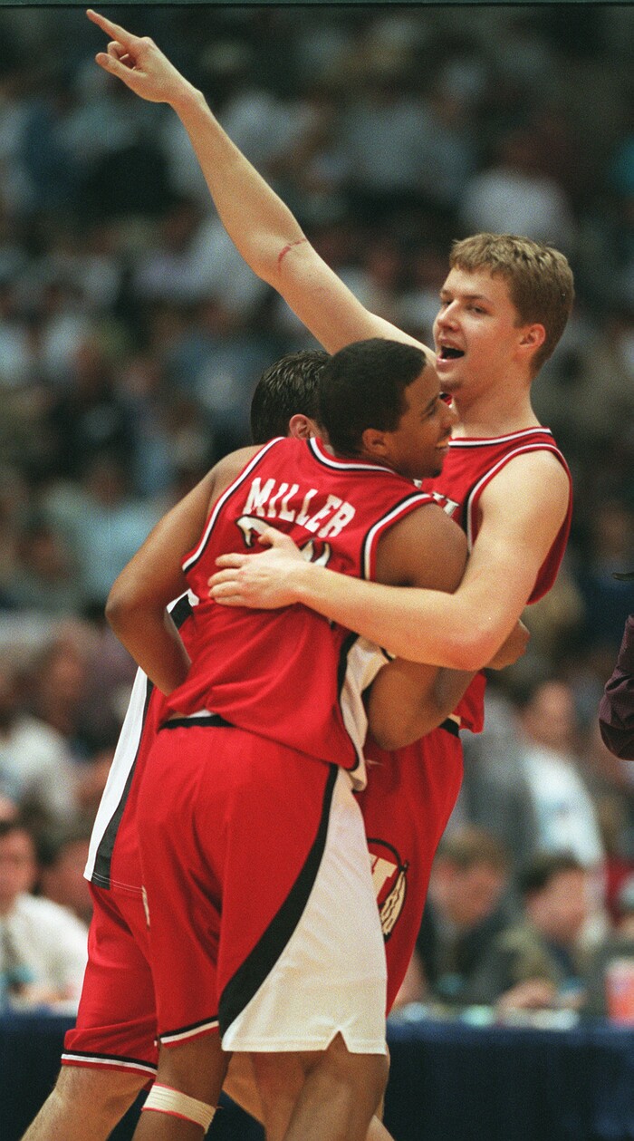 (Steve Griffin  |  Tribune file photo)  Hanno Motolla celebrates the Utes victory over North Carolina during first game of the 1998 Final Four in San Antonio, Texas.