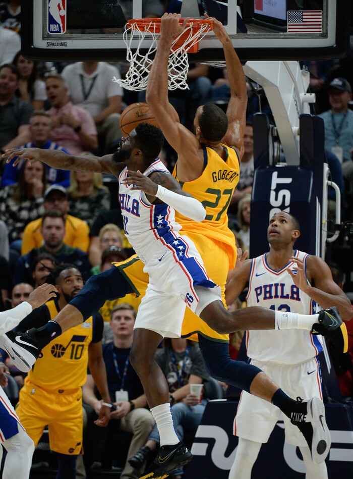 (Francisco Kjolseth  |  The Salt Lake Tribune)  Utah Jazz center Rudy Gobert (27) pushes through the defense as the Utah Jazz host the Philadelphia 76ers in their NBA basketball game at Vivint Smart Home Arena in Salt Lake City on Wednesday, Nov. 6, 2019.