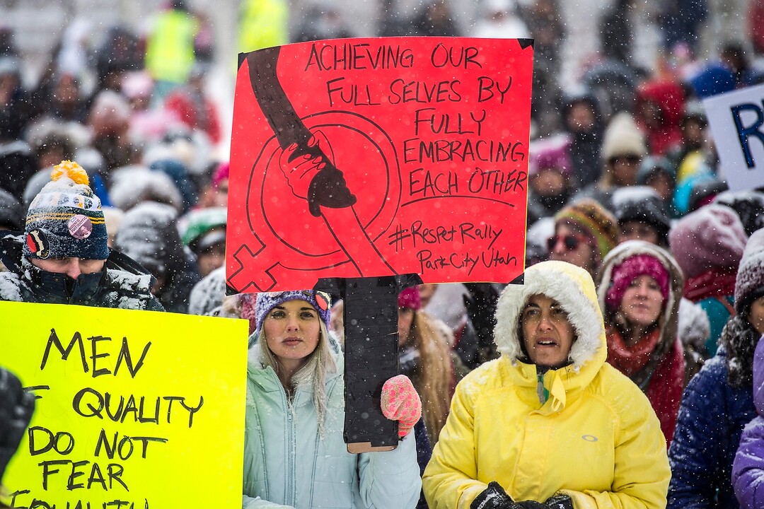 (Chris Detrick  |  The Salt Lake Tribune)  People gather during the Respect Rally Park City at City Park on Saturday, Jan. 20, 2018.