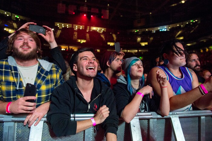 (Leah Hogsten  |  The Salt Lake Tribune)  The Foo Fighters rock the crowd at Vivint Smart Home Arena to debut their latest studio album, "Concrete and Gold" in Salt Lake City, December 12, 2017.