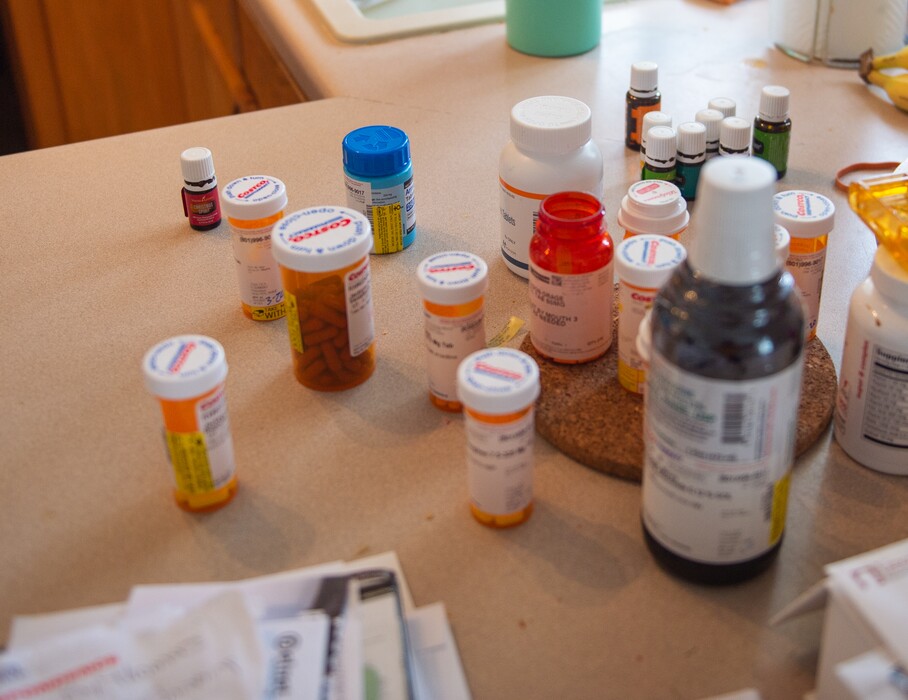 (Rachel Molenda  |  The Salt Lake Tribune)  Moira Jackson-Drage's medicine sits on the kitchen counter of her Magna, Utah, home on Friday, March 8, 2019. Jackson-Drage has been diagnosed with fibromyalgia and neuropathy and struggles to afford her medication.