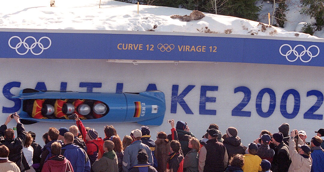 (Grayson West |  Tribune file photo) The German team of Andre Lange takes their third run of the four-man bobsled at the Utah Olympic Park during the 2002 Games. Team Germany won the gold medal.