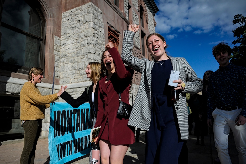 (Thom Bridge | Independent Record) Youth plaintiffs in the climate change lawsuit, Held vs. Montana, arrive at the Lewis and Clark County Courthouse, on June 20, 2023, in Helena, Mont., for the final day of the trial.