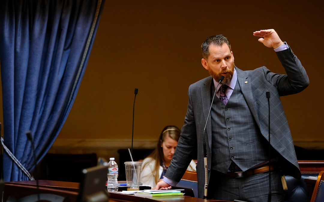 (Francisco Kjolseth  |  The Salt Lake Tribune)  Sen. Jacob Anderegg, R-Lehi, becomes animates as he speaks on SB171, which now will allow legislators to intervene in court to defend the laws they pass Ñ instead of depending on the attorney generalÕs office to do so. The Legislature called itself into special session to attempt to override Gov. Gary Herbert's vetoes of two bills. 