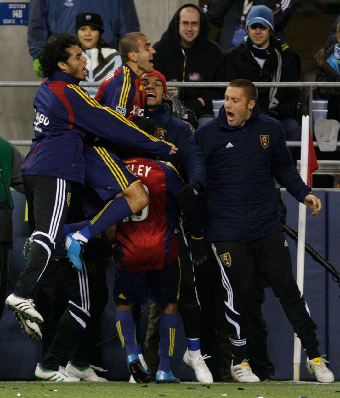 Trent Nelson  |  The Salt Lake TribuneReal Salt Lake forward Yura Movsisyan (14, top) and Real Salt Lake forward Robbie Findley (10) celebrate Findley's goal. Real Salt Lake vs. LA Galaxy, MLS Cup Sunday, November 22 2009 at Qwest Field in Seattle.