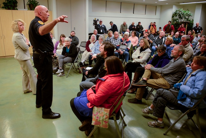 (Steve Griffin  |  The Salt Lake Tribune) Salt Lake City Mayor Jackie Biskupski and Salt Lake City Police Chief Mike Brown answer questions from Salt Lake City residents during the Liberty Wells Community Council meeting at the Tracy Aviary education room in Salt Lake City Wednesday November 8, 2017. Many of the questions were centered around Operation Rio Grande and the effects it is having on this area of the city.