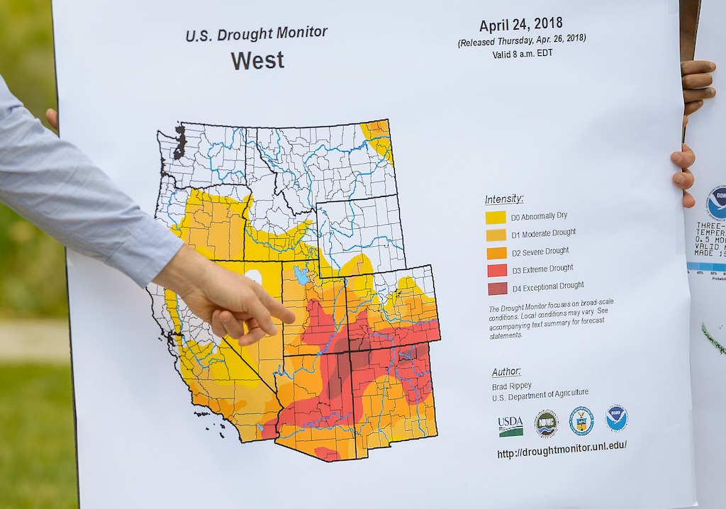 (Leah Hogsten | The Salt Lake Tribune) "We're looking at the potential to have the worst fire season in six to eight years," warned Basil Newmerzhycky, BLM Predictive Services Fire Weather Program Manager, Thursday, May 3, 2018, during a press conference held by Utah Department of Natural Resources Division of Forestry, Fire and State Lands. Newmerzhycky points to southern Utah and the Four Corners region, an area that shows exceptional drought conditions this year.