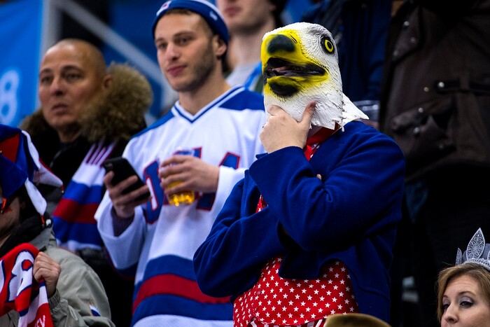 (Chris Detrick  |  The Salt Lake Tribune)  A man dressed as a patriotic bald eagle watches during the United States vs Olympic Athletes from Russia hockey game at Gangneung Hockey Centre during the Pyeongchang 2018 Winter Olympics Saturday, Feb. 17, 2018. Olympic Athletes from Russia defeated United States 4-0.