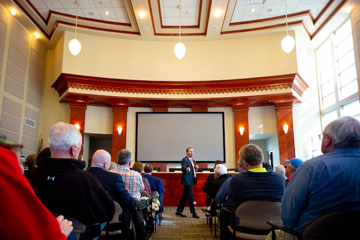 (Trent Nelson  |  The Salt Lake Tribune) Sen. Mike Lee answers questions at a town hall in Draper on Wednesday, Feb. 19, 2020.