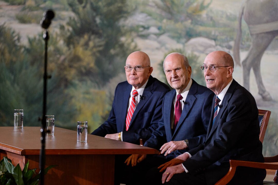(Trent Nelson | The Salt Lake Tribune)  Dallin H. Oaks, Russell M. Nelson, and Henry B. Eyring at a news conference in the lobby of the Church Office Building in Salt Lake City, Tuesday January 16, 2018. Nelson was named the 17th president of the nearly 16 million-member Church of Jesus Christ of Latter-day Saints. Oaks was named First Counselor in the First Presidency and Eyring Second Counselor in the First Presidency.
