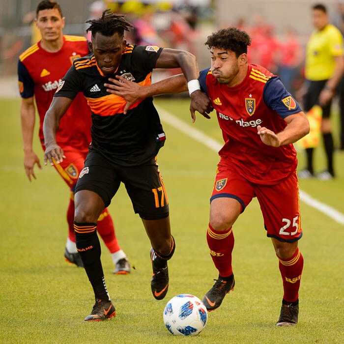 (Trent Nelson | The Salt Lake Tribune)  
Houston Dynamo forward Alberth Elis (17) and Real Salt Lake midfielder Danilo Acosta (25) as Real Salt Lake hosts Houston Dynamo, MLS Soccer at Rio Tinto Stadium in Sandy, Utah, Wednesday May 30, 2018.