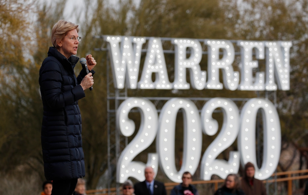 FILE - In this Feb. 17, 2019, file photo, Democratic presidential candidate Sen. Elizabeth Warren, D-Mass., speaks at an organizing event in Las Vegas. The Iowa caucus is still 10 months away, but the Democratic primary campaign is already an all-out sprint _ passing eye-popping markers for campaign activity and voter engagement. (AP Photo/John Locher, File)