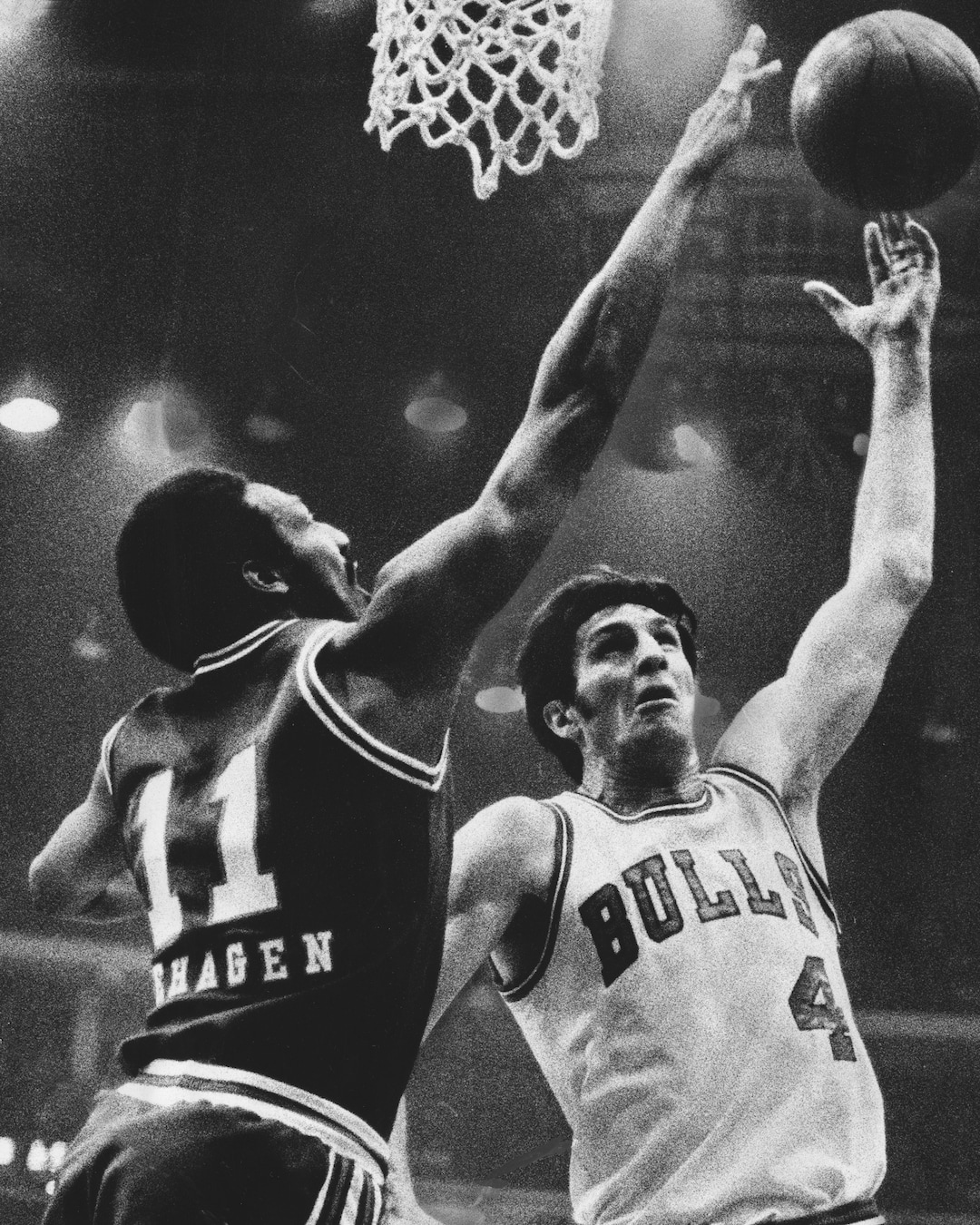 (Phil Mascione  |  Chicago Tribune Photo) Nicknamed "The Original Bull," Jerry Sloan was in Chicago during the franchise's  first 10 years. His grit and toughness made him one of the league's best defensive players and is one of only 18 players in history to be named to the NBA's All-Defensive First Team four times. He averaged 14 points, 7.5 rebounds and 2.5 assists during his 11 season. Sloan is now one of the league's most respected coaches, having led the Utah Jazz to two NBA title games. April 18, 1975.
