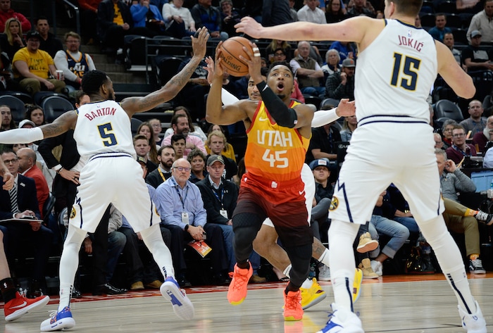 (Francisco Kjolseth  |  The Salt Lake Tribune)  Utah Jazz guard Donovan Mitchell (45) looks for an opening as the Utah Jazz host the Denver Nuggets in their NBA game at Vivint Smart Home Arena Tuesday, April 9, 2019, in Salt Lake City.