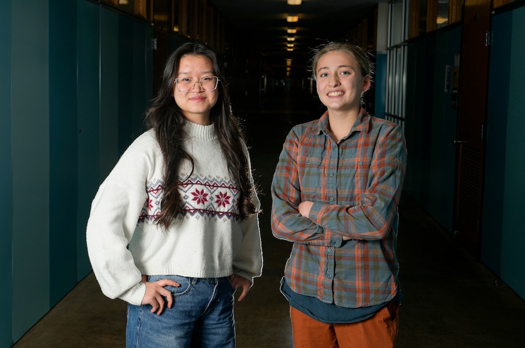 (Bethany Baker  |  The Salt Lake Tribune) Skyline High School students Sophia Cheng, left, and Adalayde Scott, are two of the students advocating for the Granite School District to commit to 100% clean electricity by 2030.