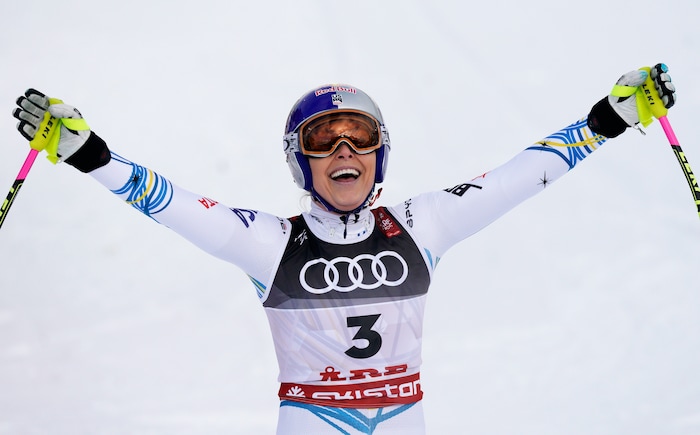 United States' Lindsey Vonn smiles in the finish area after the women's downhill race, at the alpine ski World Championships in Are, Sweden, Sunday, Feb. 10, 2019. (AP Photo/Giovanni Auletta)