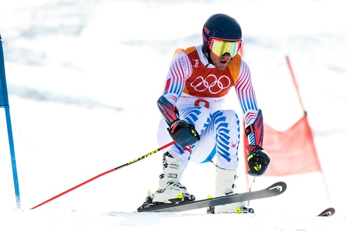 (Chris Detrick  |  The Salt Lake Tribune) Park City's Ted Ligety competes in the Men's Giant Slalom Run 1 during the Pyeongchang 2018 Winter Olympics Sunday, Feb. 18, 2018. Ligety finished this run in 20th place with a time of 1:10.71.