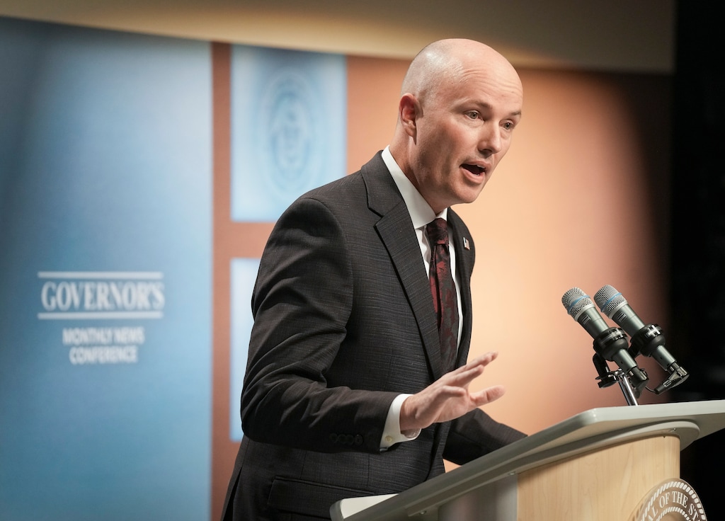 (Bethany Baker  |  The Salt Lake Tribune) Gov. Spencer Cox speaks during his monthly news conference in Salt Lake City on Tuesday, June 10, 2025. 