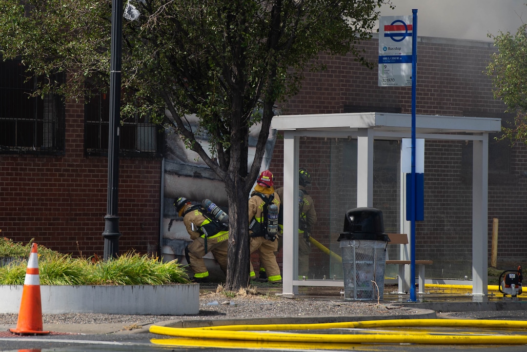 (Francisco Kjolseth  |  The Salt Lake Tribune) Crews work to extinguish a fire at 800 South 200 West in Salt Lake City on Wednesday, Sept. 9, 2020.