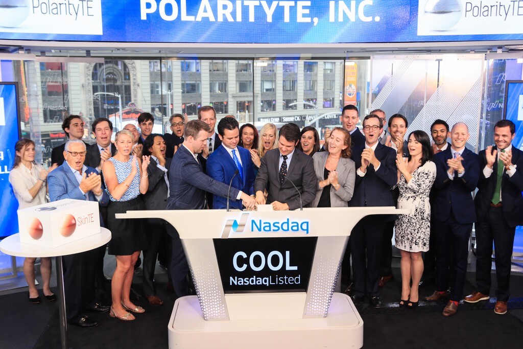 (Photo courtesy of Nasdaq)  CEO Denver Lough and other executives of Salt Lake City-based PolarityTE gather around the podium to ring the closing bell on Aug. 14, 2017, at the Nasdaq stock exchange. The podium displayed the company's ticker symbol, COOL.