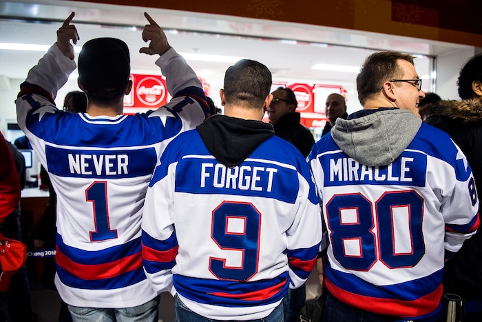 (Chris Detrick  |  The Salt Lake Tribune)  Steven Dailey, Colby Frazer and Justin Hooten pose for a picture during the United States vs Olympic Athletes from Russia hockey game at Gangneung Hockey Centre during the Pyeongchang 2018 Winter Olympics Saturday, Feb. 17, 2018. Olympic Athletes from Russia defeated United States 4-0.