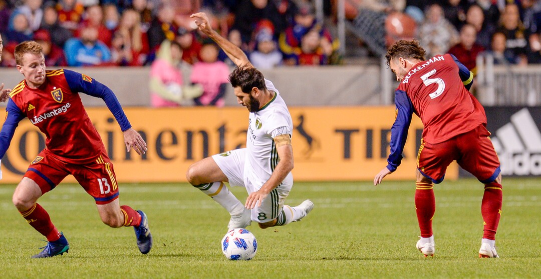 Leah Hogsten  |  The Salt Lake Tribune  Portland Timbers midfielder Diego Valeri (8) trips on the ball in the first half as Real Salt Lake hosts the Portland Timbers at Rio Tinto Stadium in Sandy, Saturday, Oct. 6, 2018.
