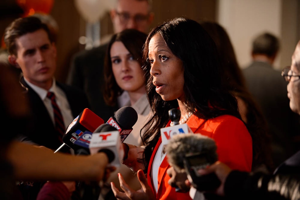 (Trent Nelson | The Salt Lake Tribune)  Mia Love makes a statement at her election night party at the Hilton Garden Inn in Lehi on Wednesday Nov. 7, 2018.