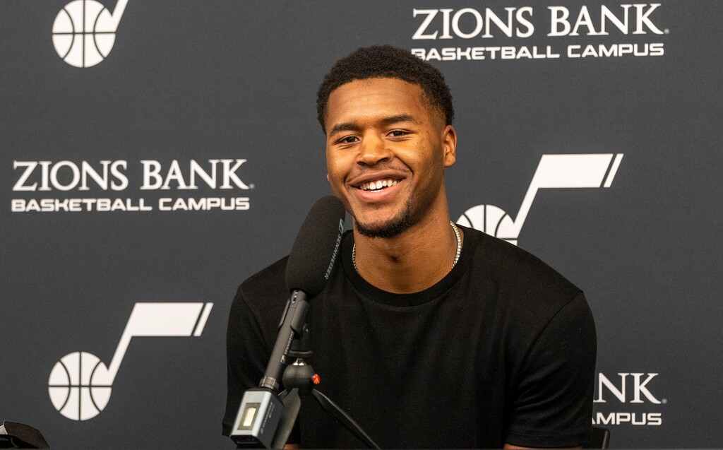 (Rick Egan | The Salt Lake Tribune) Newly drafted Jazz guard Jared Butler answers questions from the media during a news conference at the Zions Bank Basketball Campus, on Saturday, July 31, 2021.