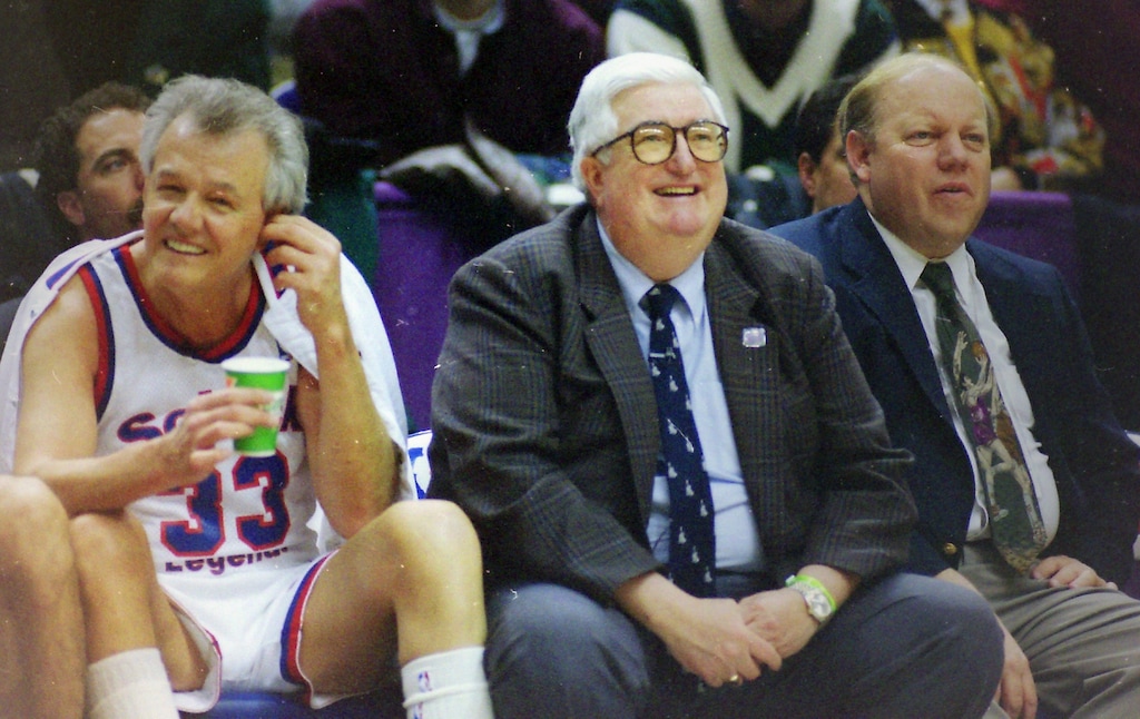 (Steve Griffin | Tribune file photo) From left, Hot Rod Hundley, Frank Layden and Larry Miller during the Legends game during the 1993 All-Star Legends Game, in the Delta Center in Salt Lake City, Saturday, Feb. 20, 1993.