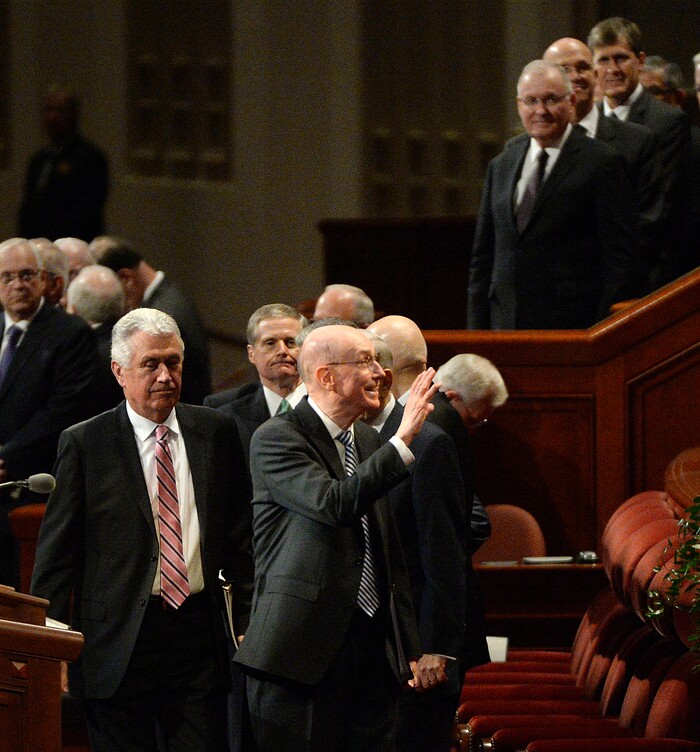 (Al Hartmann  |  The Salt Lake Tribune) 	
President Henry Eyring, first counselor to the First Presidency, center, and President Dieter Uchtdorf, second counselor to the First Presidency, left, wave to those attending  the Sunday morning session of the LDS Church’s 187th Semiannual General Conference in Salt Lake City on Sunday Oct. 1, 2017.