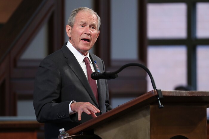 Former President George W. Bush speaks during the funeral service for the late Rep. John Lewis, D-Ga., at Ebenezer Baptist Church in Atlanta, Thursday, July 30, 2020.  (Alyssa Pointer/Atlanta Journal-Constitution via AP, Pool)