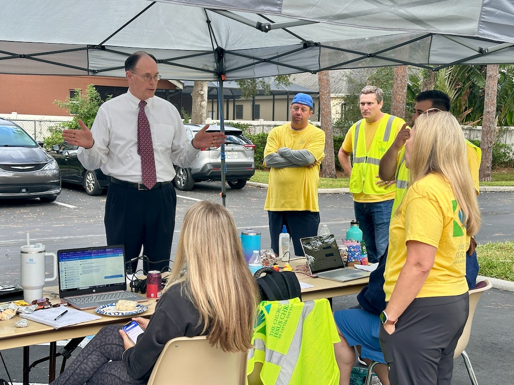 (The Church of Jesus Christ of Latter-day Saints) W. Christopher Waddell visits a church disaster relief center in St. Petersburg, Florida, in October 2024. He is the faith's new presiding bishop.