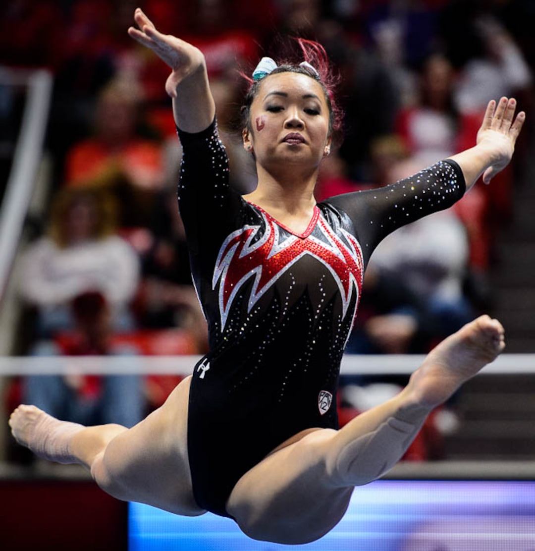 (Trent Nelson | The Salt Lake Tribune)  Kari Lee on floor as Utah hosts Washington, NCAA gymnastics in Salt Lake City, Saturday February 3, 2018.