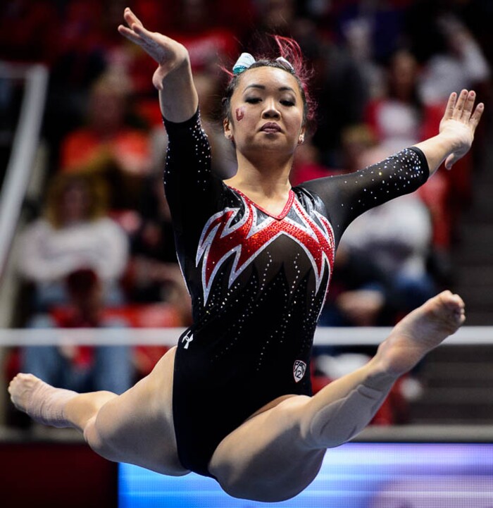 (Trent Nelson | The Salt Lake Tribune)  Kari Lee on floor as Utah hosts Washington, NCAA gymnastics in Salt Lake City, Saturday February 3, 2018.