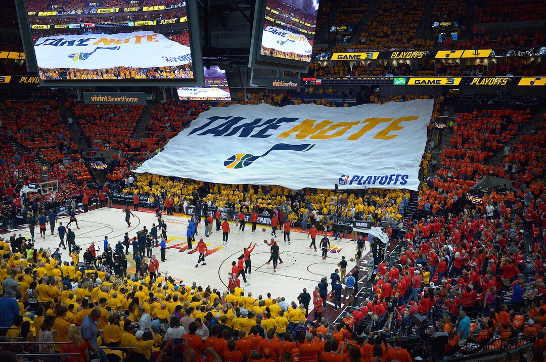 (Scott Sommerdorf | The Salt Lake Tribune)The "Take Note" banner is displayed by fans prior to game 3. The Houston Rockets led the Utah Jazz 70-40 at the half of game 3, Friday, May 4, 2018.