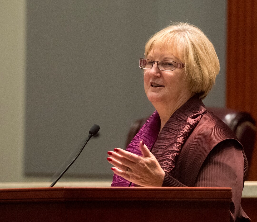 (Rick Egan  |  The Salt Lake Tribune)  Justince Christine M. Durham speaks at her reception at the Matheson Courthouse, Monday, November 13, 2017.