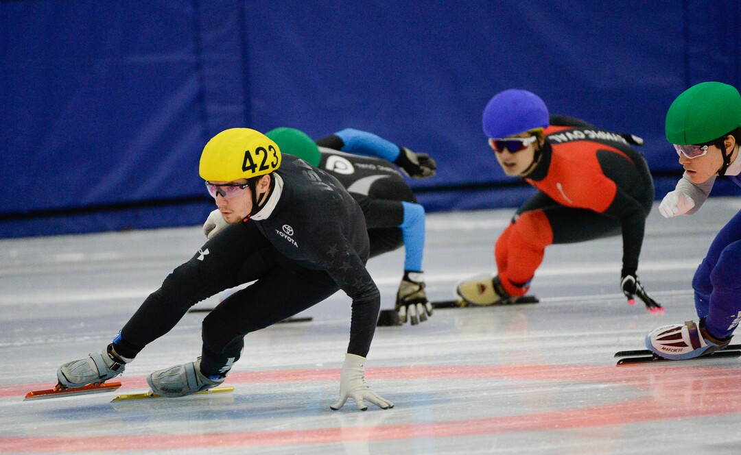 (Francisco Kjolseth  |  The Salt Lake Tribune) Ryan Pivirotto, left, competes in the 2000 meter mixed semifinal relay race as part of the U.S. Short Track Speedskating championships on Friday, Jan. 3, 2020, at the Utah Olympic Oval in Kearns.