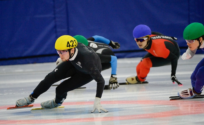 (Francisco Kjolseth  |  The Salt Lake Tribune) Ryan Pivirotto, left, competes in the 2000 meter mixed semifinal relay race as part of the U.S. Short Track Speedskating championships on Friday, Jan. 3, 2020, at the Utah Olympic Oval in Kearns.