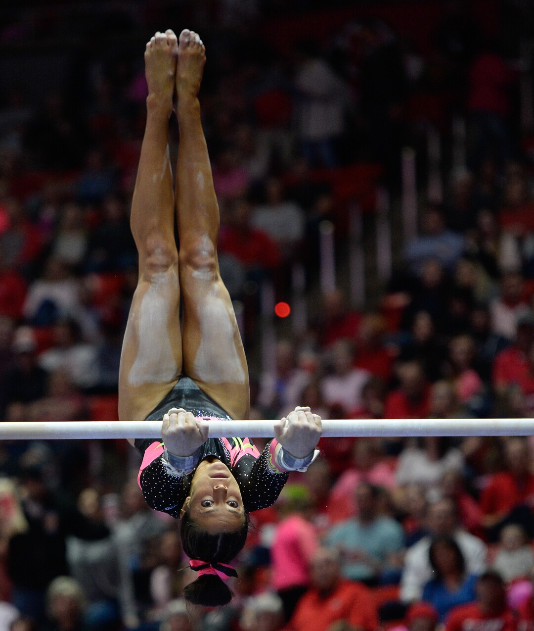 (Francisco Kjolseth  |  The Salt Lake Tribune) Emilie LeBlanc competes on the bars as the fourth-ranked University of Utah Red Rocks gymnastics team host Stanford, Friday, March 6, 2020, at the Jon M. Huntsman Center in Salt Lake City.