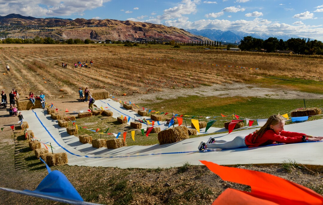 Leah Hogsten  |  The Salt Lake Tribune McCall Hutchins, 8, of Centerville rides the 100-foot mega slide feet first during the 2018 Fall Festival at Cross E Ranch in Salt Lake City, Thursday Oct. 18, 2018. 
