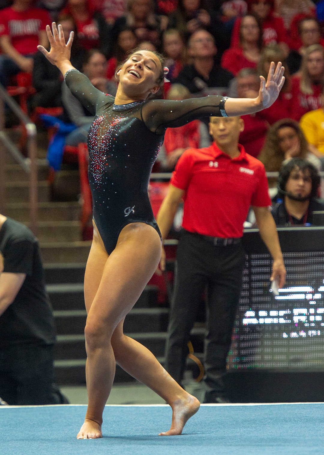 (Rick Egan  |  The Salt Lake Tribune)   Macery Roberts performs on the floor for Utah, in PAC-12 gymnastics action between the UCLA Bruins and the University of Utah, at the Jon M. Huntsman Center, Saturday, Feb. 23, 2019.