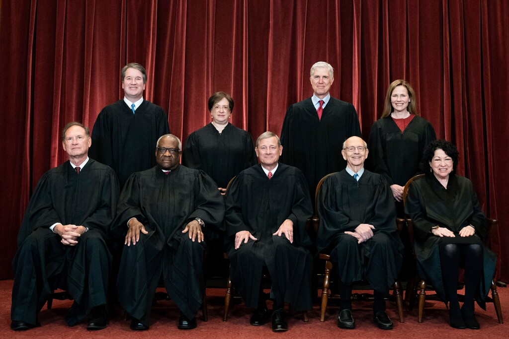 (Erin Schaff | The New York Times via AP, Pool, File)
Members of the Supreme Court pose for a group photo at the Supreme Court in Washington, April 23, 2021. Seated from left are Associate Justice Samuel Alito, Associate Justice Clarence Thomas, Chief Justice John Roberts, Associate Justice Stephen Breyer and Associate Justice Sonia Sotomayor, Standing from left are Associate Justice Brett Kavanaugh, Associate Justice Elena Kagan, Associate Justice Neil Gorsuch and Associate Justice Amy Coney Barrett.